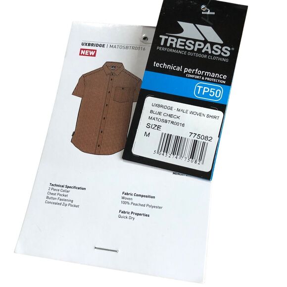 NEW Trespass Button Down Performance Shirt Mens Medium UXBridge Blue Plaid Check - Picture 6 of 6